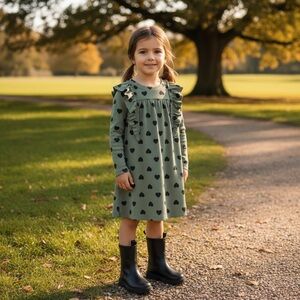 DRESS Cat&Jack Olive Green heart print Casual Dress 4t